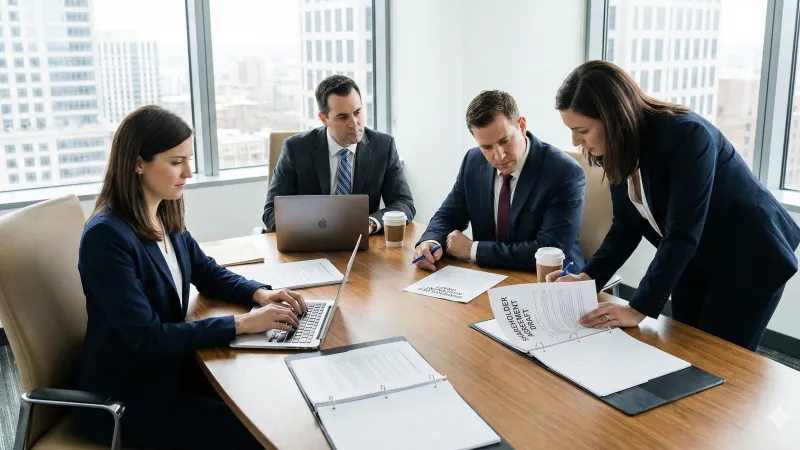 Four professionals in a meeting, reviewing documents at a conference table.