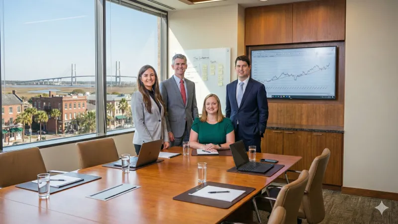 Professional meeting in a boardroom with four people and a graph on the screen.