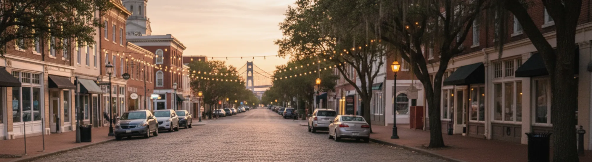Cobblestone street lined with trees and parked cars at sunset.
