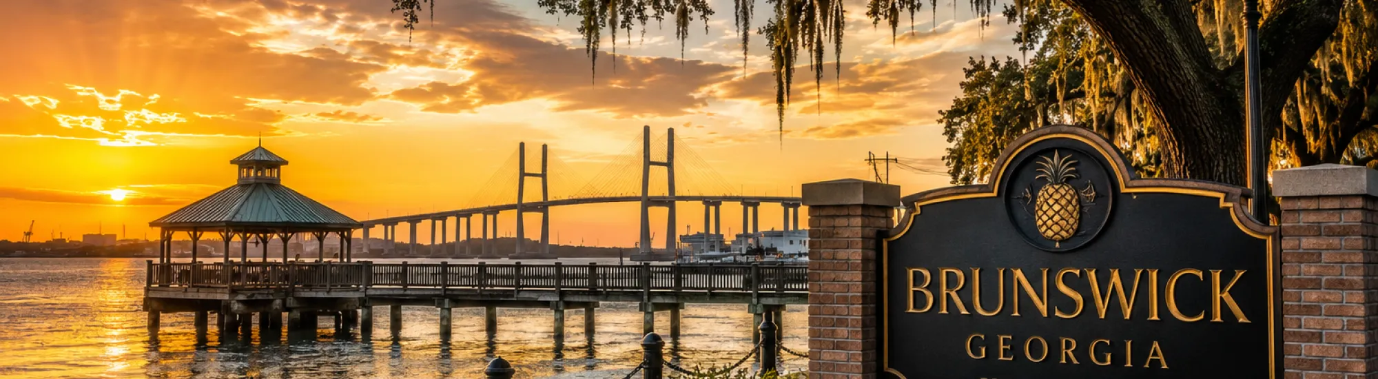 Sunset over Brunswick, Georgia, with a pier, bridge, and tree in the foreground.