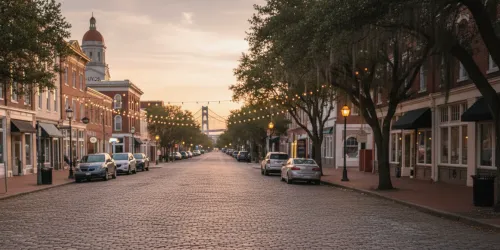 Cobblestone street lined with trees and parked cars at sunset.