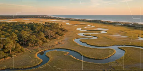 Aerial view of a winding river through marshland at sunset, with trees and ocean in the background.